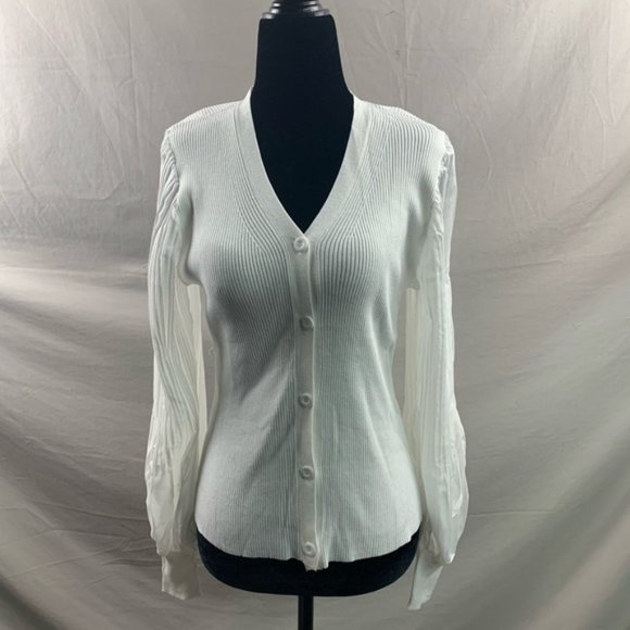 White Pleated Sleeve Button Front Ribbed Knit Cardigan - Picture 5 of 6
